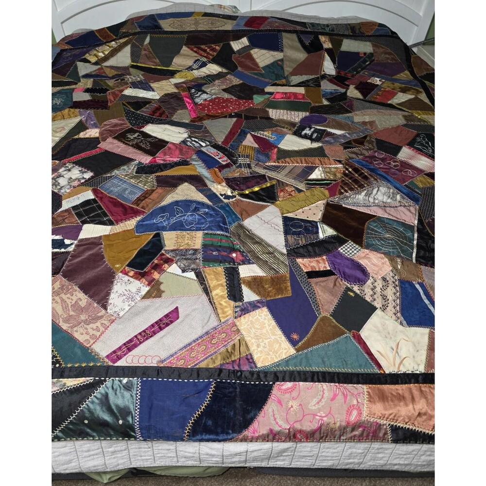 Antique 1898 Hand Stitched Crazy Quilt Velvet and Silk Patches.